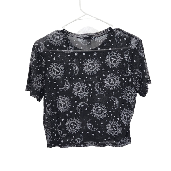 Full Tilt Women's Black Celestial Print Mesh Crop Top Y2K Sz M - Picture 4 of 5